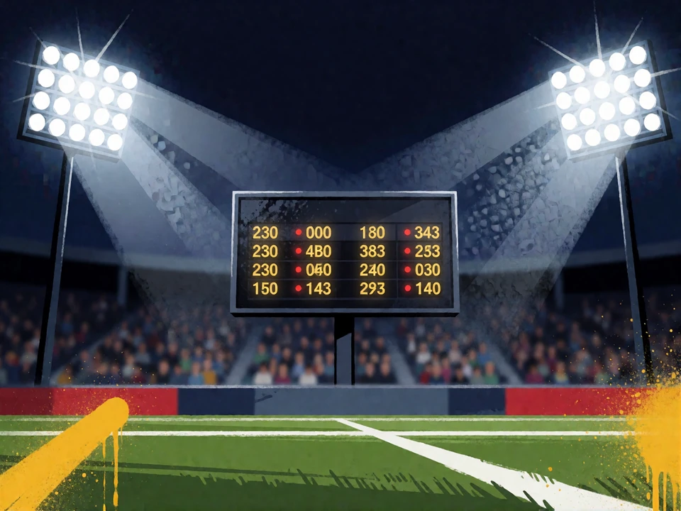 Flutlichtstadion bei Nacht mit Live-Quotentafel als Motiv f&uuml;r Bundesliga und Super Bowl Wetten