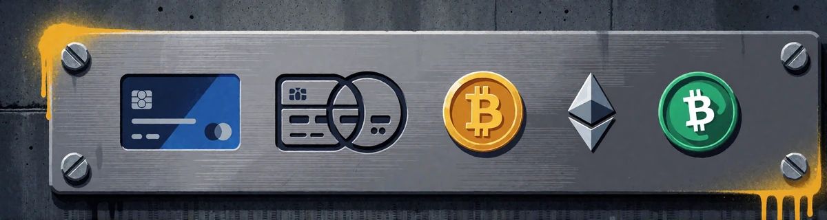 Metallleiste mit Symbolen f&uuml;r Karten, Prepaid, E-Wallets und Krypto als Zahlungsmethoden bei BetScore Casino
