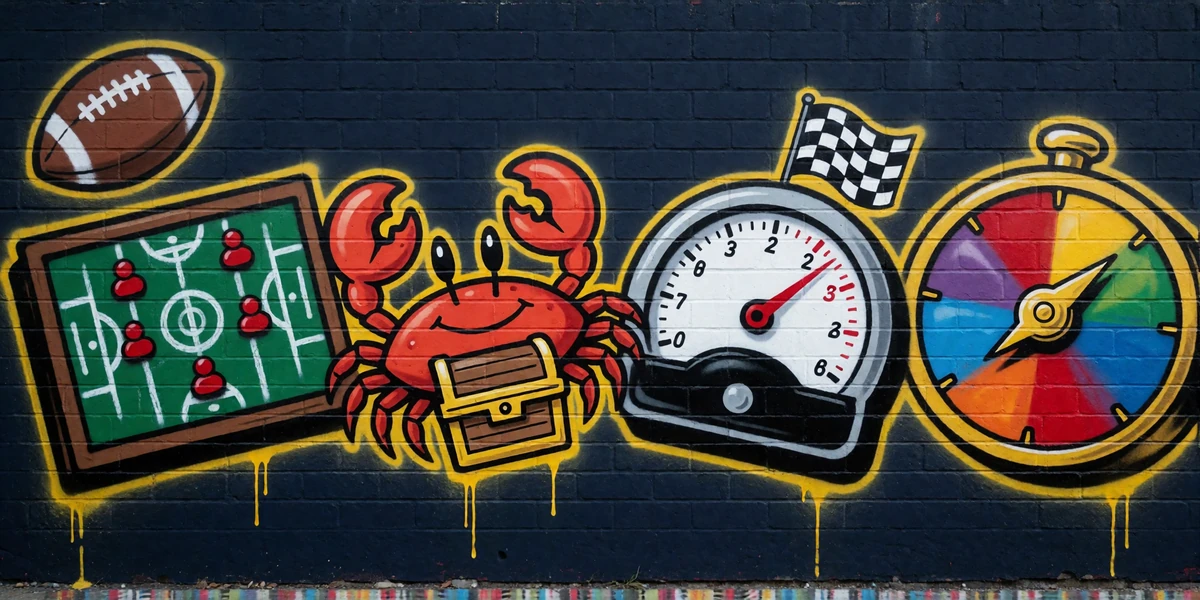 Graffiti-Leiste mit Taktiktafel, Krabbe, Tacho und Gl&uuml;cksrad f&uuml;r die Minispiele Football Manager, Bonus Crab und Spin Rally