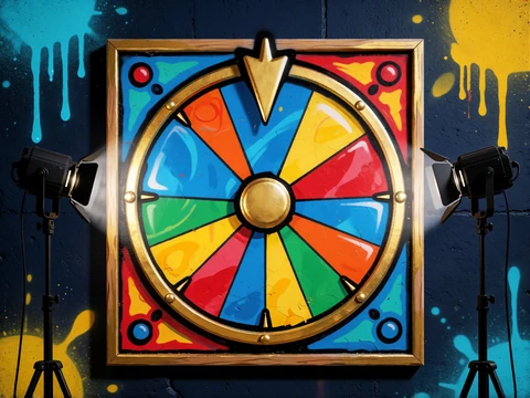 Graffiti-Kachel mit Gl&uuml;cksrad und Studiolampen als Symbol f&uuml;r Tischspiele und Game Shows im Online Casino