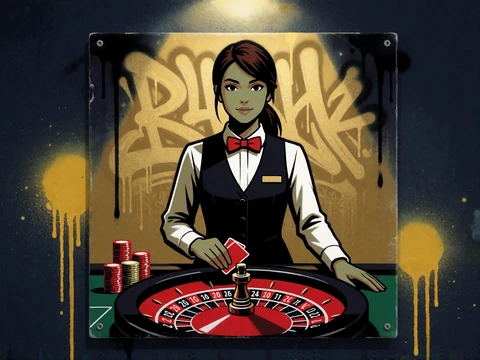 Graffiti-Kachel mit Live-Dealerin am Roulette-Tisch als Symbol f&uuml;r das Live-Casino von BetScore