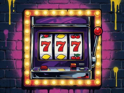 Graffiti-Kachel mit Slot-Automat und drei roten Siebenen als Symbol f&uuml;r Online Slots bei BetScore